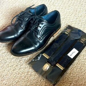 Boys dress shoes and overalls.